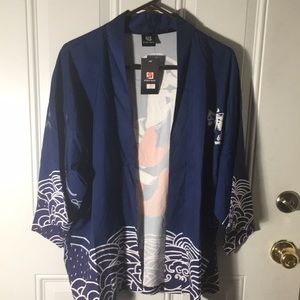Stand Back blue & white open front wrap with orange coy fish on back XL